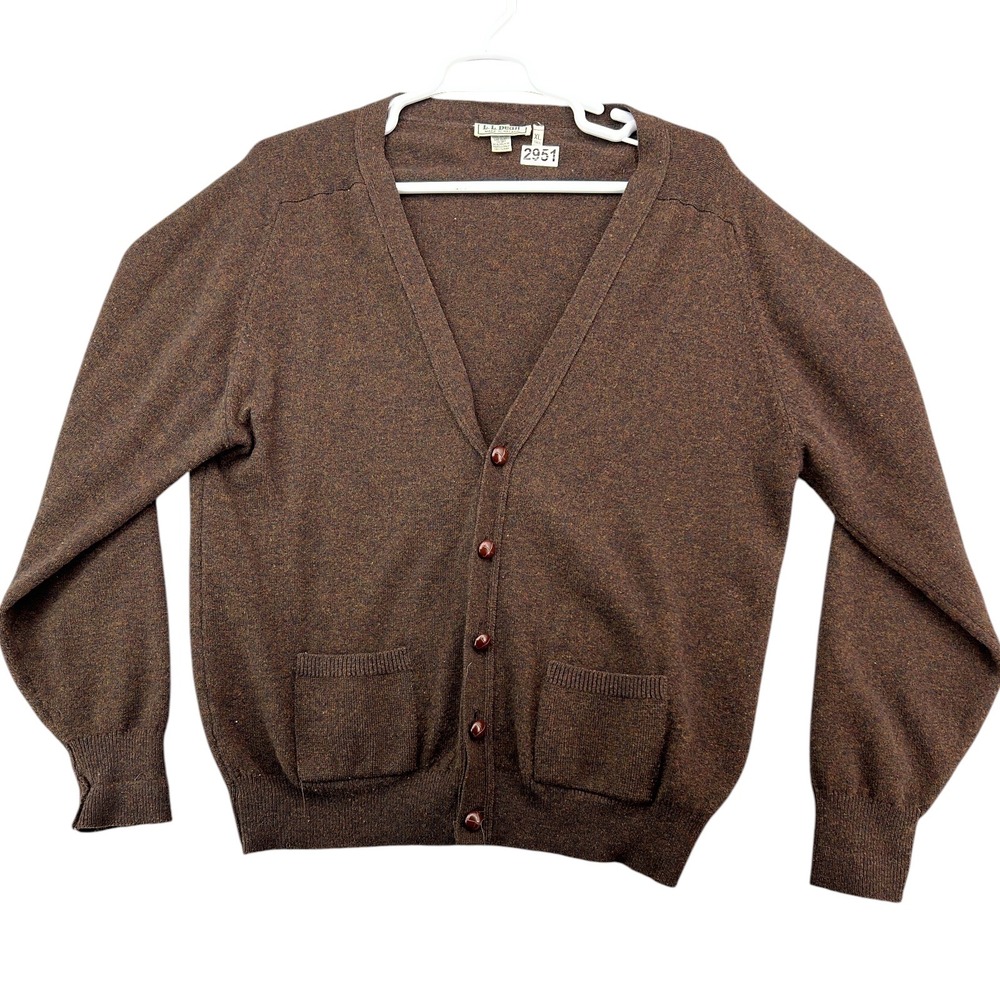 LL Bean Mens Cardigan Sweater XL Tall Brown Lambswool Made in Ireland F113